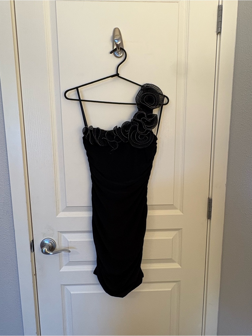 Taboo Black One-Shoulder Dress with Floral Applique